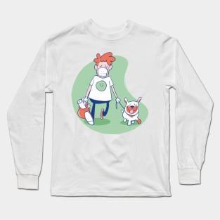 man walks with mask dog Long Sleeve T-Shirt